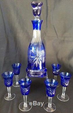 Vintage Bohemian Cut glass crystal cobalt blue DECANTER & 6 GLASSES
