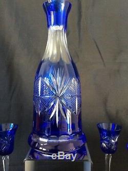 Vintage Bohemian Cut glass crystal cobalt blue DECANTER & 6 GLASSES