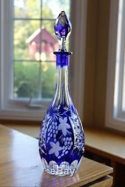 Vintage Bohemian Cut glass crystal cobalt blue large DECANTER grapes & Vine