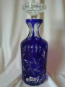 Vintage Bohemian Czech Cobalt Blue Cut To Clear Cased Glass Crystal Decanter