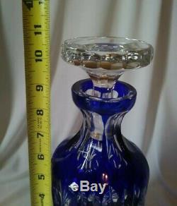 Vintage Bohemian Czech Cobalt Blue Cut To Clear Cased Glass Crystal Decanter