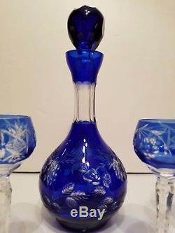 Vintage Bohemian Czech Cobalt Blue Cut-to-Clear Decanter and Glass SET