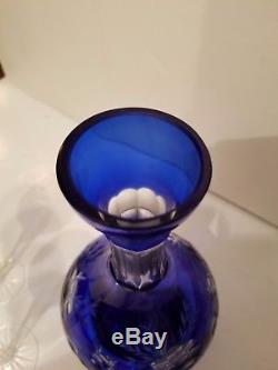 Vintage Bohemian Czech Cobalt Blue Cut-to-Clear Decanter and Glass SET