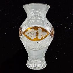 Vintage Bohemian Czech Crystal Amber Cut To Clear Crystal Vase Flower Grapes