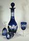 Vintage Bohemian Czech Crystal Cobalt Blue Cut To Clear Decanter 3 Glasses Only