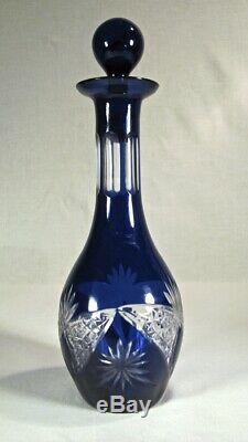 Vintage Bohemian Czech Crystal Cobalt Blue Cut to Clear Decanter 3 GLASSES ONLY