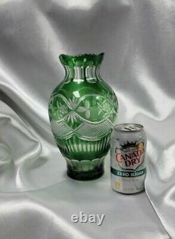 Vintage Bohemian Czech Hand Cut Green to Clear Crystal Vase 9 3/4 Tall