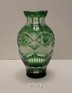 Vintage Bohemian Czech Hand Cut Green to Clear Crystal Vase 9 3/4 Tall
