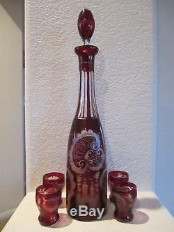 Vintage Bohemian Czech Ruby Cut Decanter Set with Four Glasses