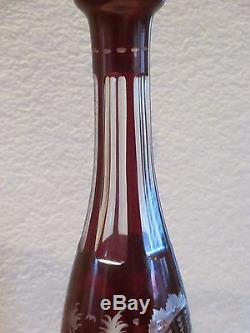 Vintage Bohemian Czech Ruby Cut Decanter Set with Four Glasses