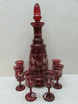 Vintage Bohemian Czech Ruby Cut to Clear Decanter Cordial Glasses Liquor Bar