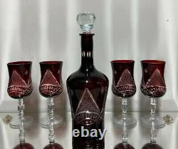 Vintage Bohemian Czech Ruby Cut to Clear Decanter & Drinking Glasses 4
