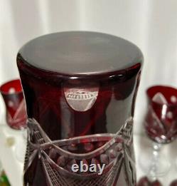 Vintage Bohemian Czech Ruby Cut to Clear Decanter & Drinking Glasses 4