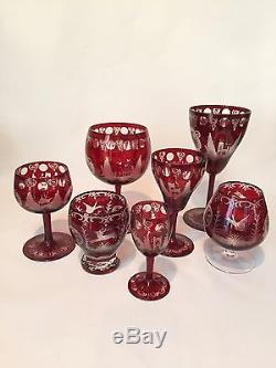 Vintage Bohemian Czech Ruby Cut to Clear Decanter Set with Five Glasses Deer