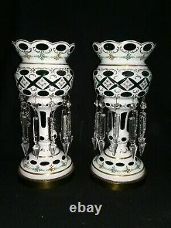 Vintage Bohemian Czech White Overlay Cut Green Glass with Prisms Pair Luster Lamps