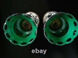 Vintage Bohemian Czech White Overlay Cut Green Glass with Prisms Pair Luster Lamps