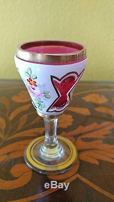 Vintage Bohemian Czech cut clear cased glass decanter set hand painted RARE