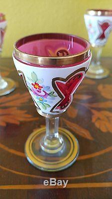 Vintage Bohemian Czech cut clear cased glass decanter set hand painted RARE