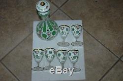 Vintage Bohemian Decanter & Tumblers Set white cut to green glass, Hand Painted