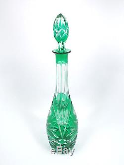 Vintage Bohemian Emerald Green Cut to Clear Crystal Tall Decanter, 16