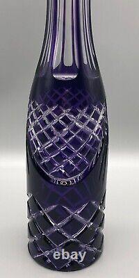Vintage Bohemian Glass Amethyst Purple Cut to Clear Criss Cross Tall Decanter