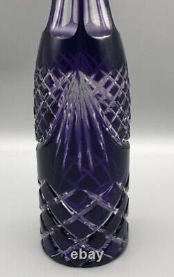 Vintage Bohemian Glass Amethyst Purple Cut to Clear Criss Cross Tall Decanter