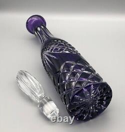 Vintage Bohemian Glass Amethyst Purple Cut to Clear Criss Cross Tall Decanter