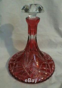 Vintage Bohemian Glass Cut-to-clear Cranberry Ships Decanter (9.75)