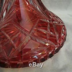 Vintage Bohemian Glass Cut-to-clear Cranberry Ships Decanter (9.75)