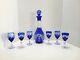 Vintage Bohemian Glass Decanter Set With 6 Glasses Cobalt Blue Cut To Clear