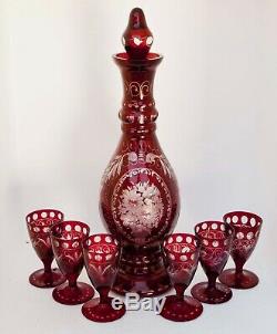 Vintage Bohemian Glass Ruby Cut To Clear 7 Piece Liquor Set Decanter And 6 Stems