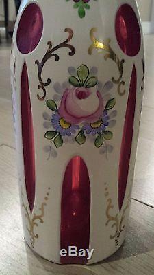 Vintage Bohemian Mozer Art Glass White Cut To Cranberry Decanter Bottle 1950'S