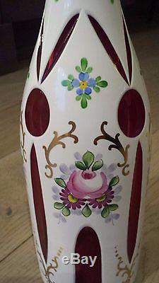 Vintage Bohemian Mozer Art Glass White Cut To Cranberry Decanter Bottle 1950'S