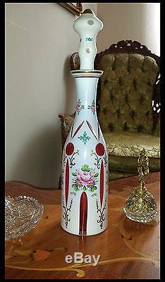 Vintage Bohemian Mozer Art Glass White Cut To Cranberry Decanter bottle 1950'S