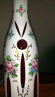 Vintage Bohemian Mozer Art Glass White Cut To Cranberry Decanter bottle 1950'S