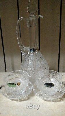 Vintage Bohemian Queen Lace Hand Cut Crystal Decanter/Cups and Coasters