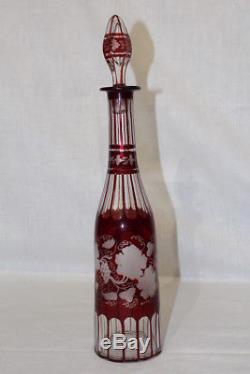 Vintage Bohemian RUBY RED Cut to Clear ETCHED Glass 15 Decanter Bottle +Stopper