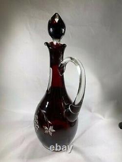 Vintage Bohemian RUBY RED Cut to Clear Signed 11 Decanter Bottle +Stopper a327