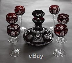 Vintage Bohemian Ruby Cut-To-Clear Wine Decanter and 6 Wine Glasses