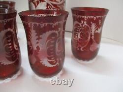 Vintage Bohemian Ruby Cut-to-Clear Glass 5 PC WINE DECANTER & GOBLET SET