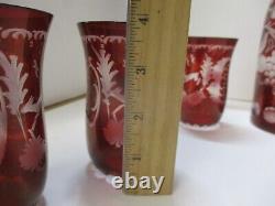 Vintage Bohemian Ruby Cut-to-Clear Glass 5 PC WINE DECANTER & GOBLET SET