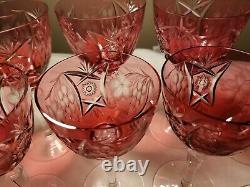 Vintage Bohemian Set of 8- Cranberry Cut To Clear Crystal Wine Glasses/Goblets