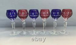 Vintage Bohemian Six Liquor Glasses Cobalt Blue & Cranberry Cut Faceted Crystal