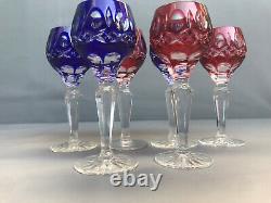 Vintage Bohemian Six Liquor Glasses Cobalt Blue & Cranberry Cut Faceted Crystal