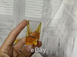 Vintage Bohemian cut glass karel palda yellow amber square decanter shot set f