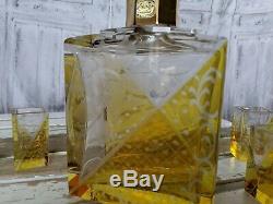 Vintage Bohemian cut glass karel palda yellow amber square decanter shot set f