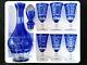 Vintage Bohemian Hand Cut Blue To Clear Crystal Decanter & 6 Wine Goblets