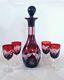 Vintage Bohemian Ruby Red To Clear Cut Crystal Decanter & 4 Glasses Set