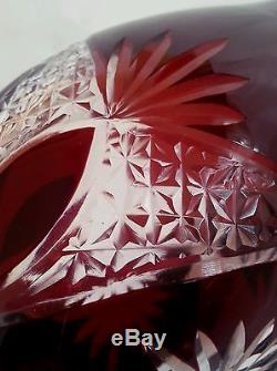 Vintage Bohemian ruby red to clear cut crystal decanter & 4 glasses set