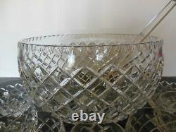 Vintage CESKA Canterbury Cut Crystal Punch Bowl and 12Cup Set Czech Bohemi